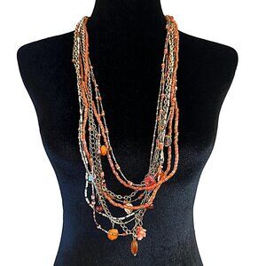 Multi Strand Necklace Coral Gold Tone White Beaded Chain Adjustable Length